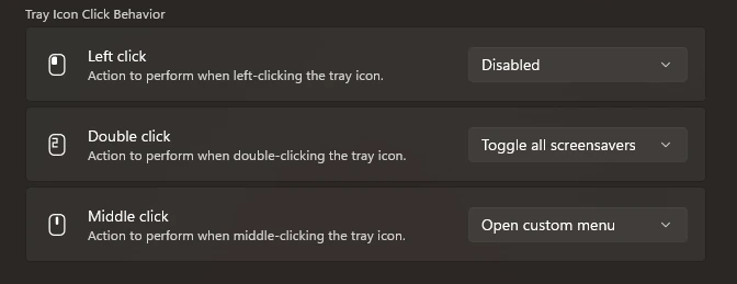 LumoTray settings for Windows showing configurable left, double, and middle-click actions for the tray icon