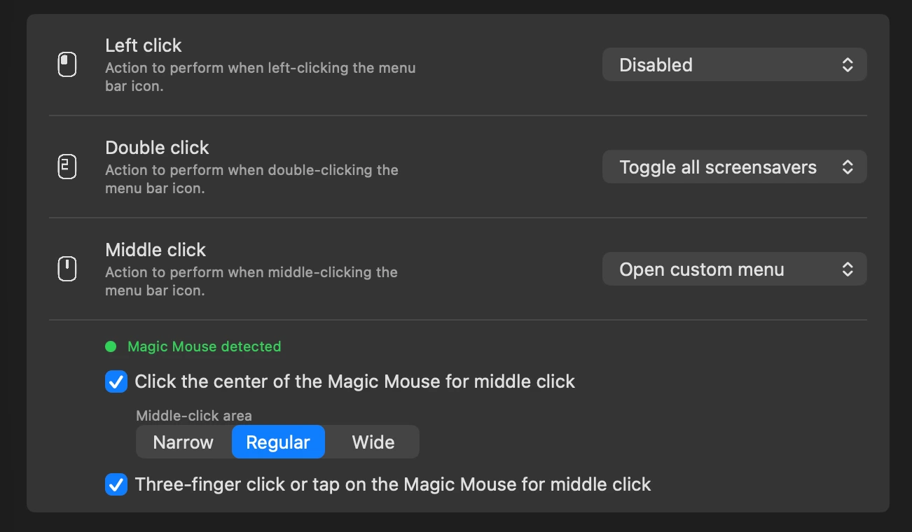 LumoTray settings for Mac showing configurable menu-bar icon clicks and Magic Mouse middle-click options