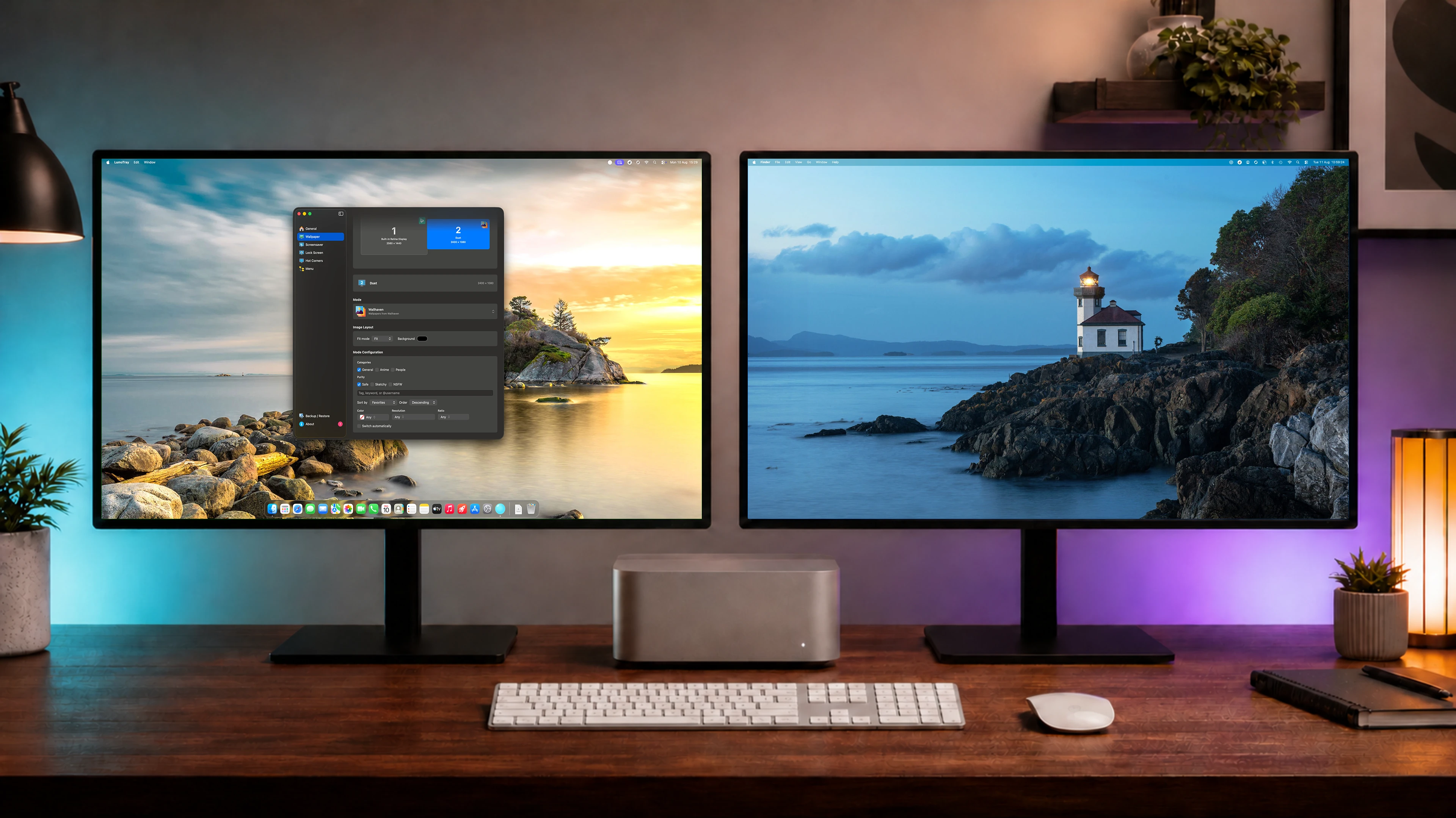 Mac dual-monitor desk running LumoTray