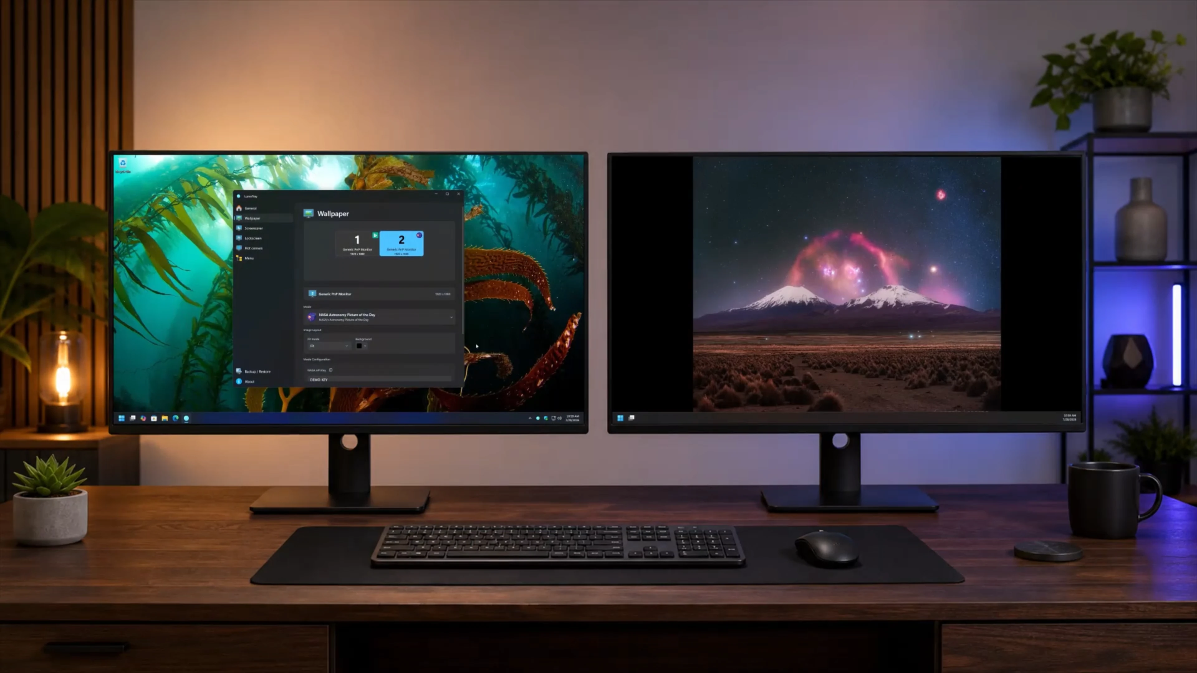 Windows dual-monitor desk running LumoTray