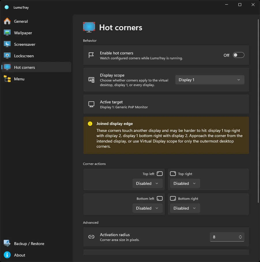 LumoTray hot-corners settings on Windows