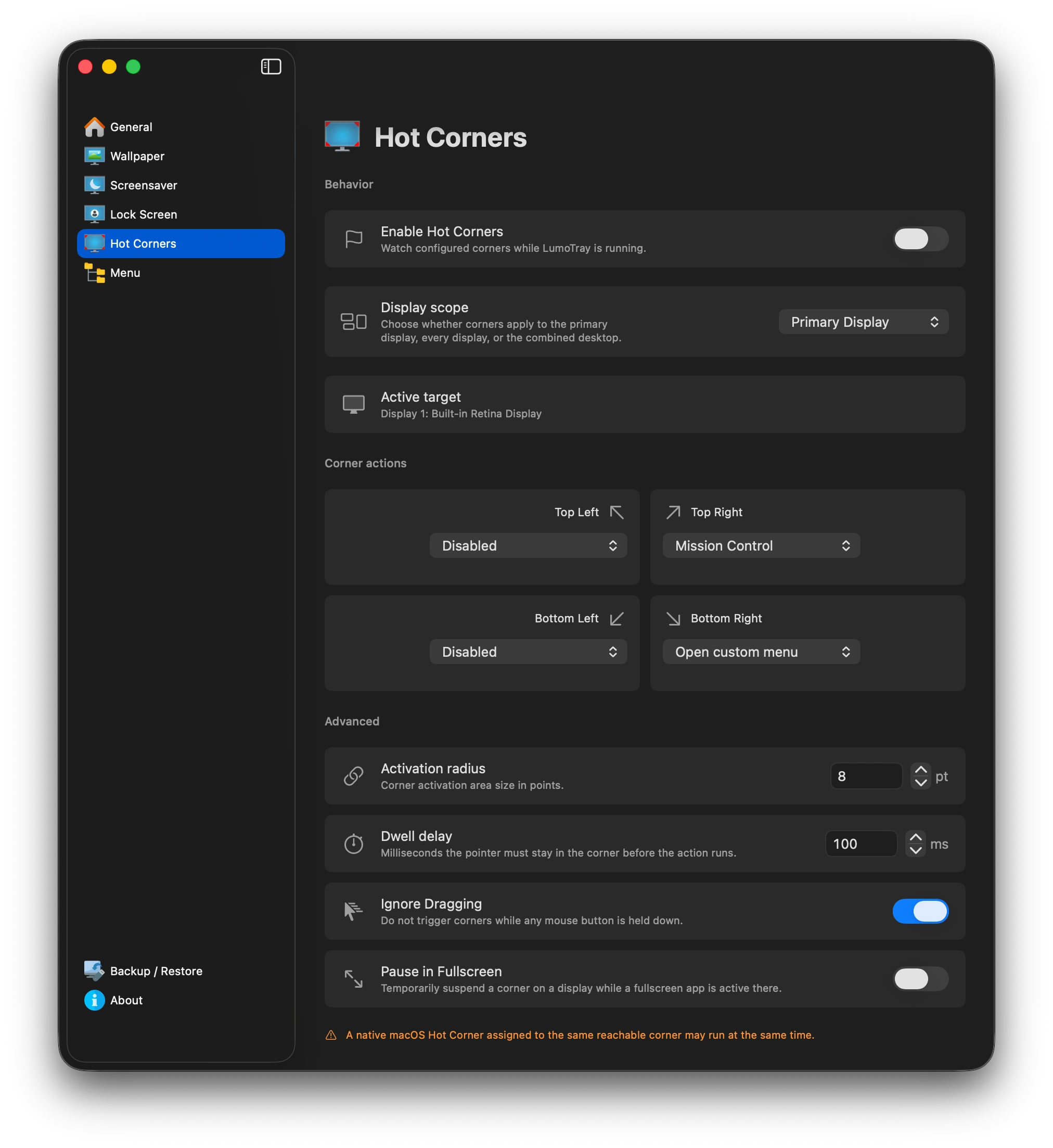 LumoTray hot-corners settings on macOS