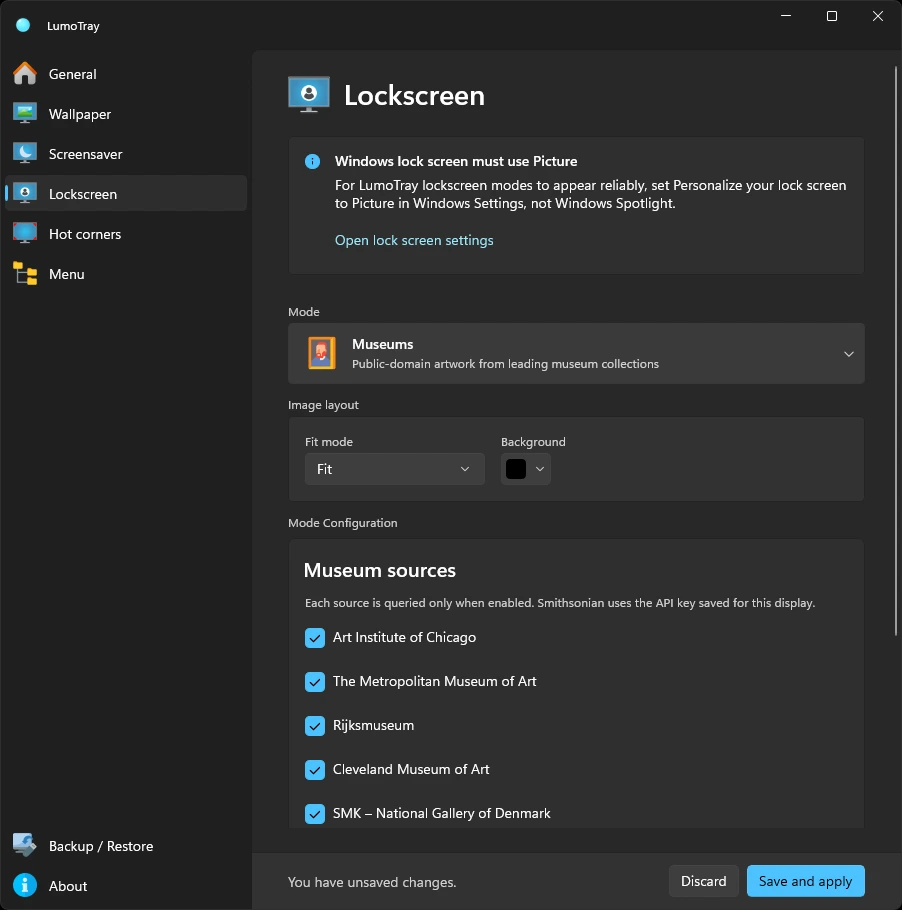 LumoTray lockscreen settings on Windows