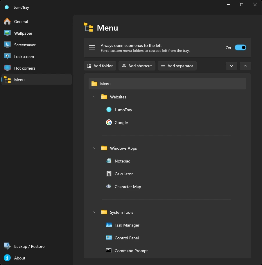 LumoTray menu settings on Windows