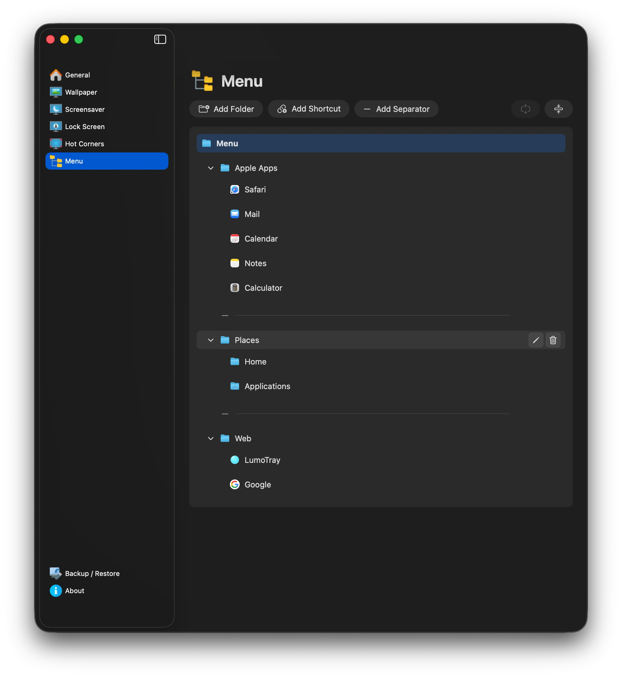LumoTray menu settings on macOS