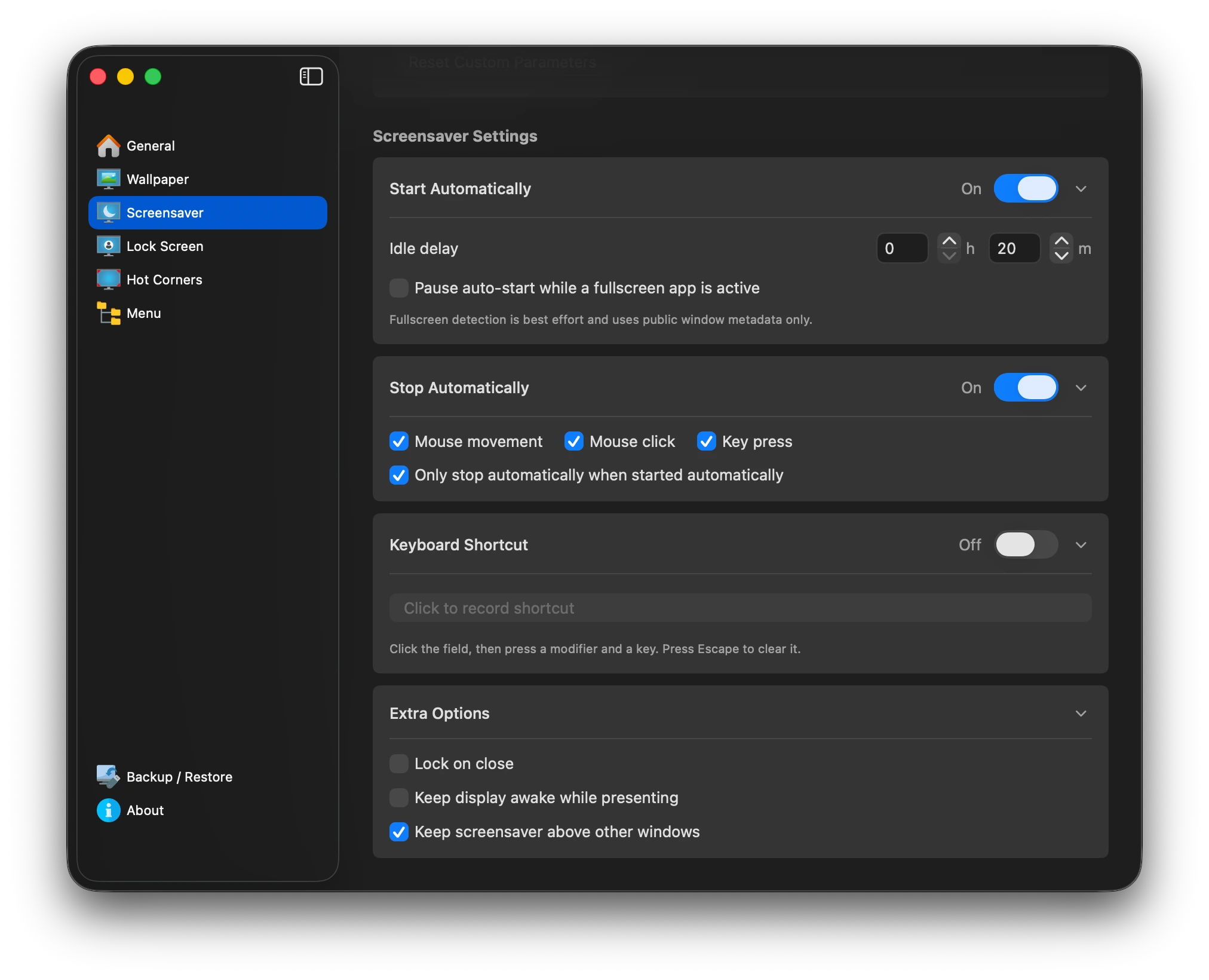 LumoTray screensaver settings showing automatic start and stop controls, a keyboard shortcut, and extra options