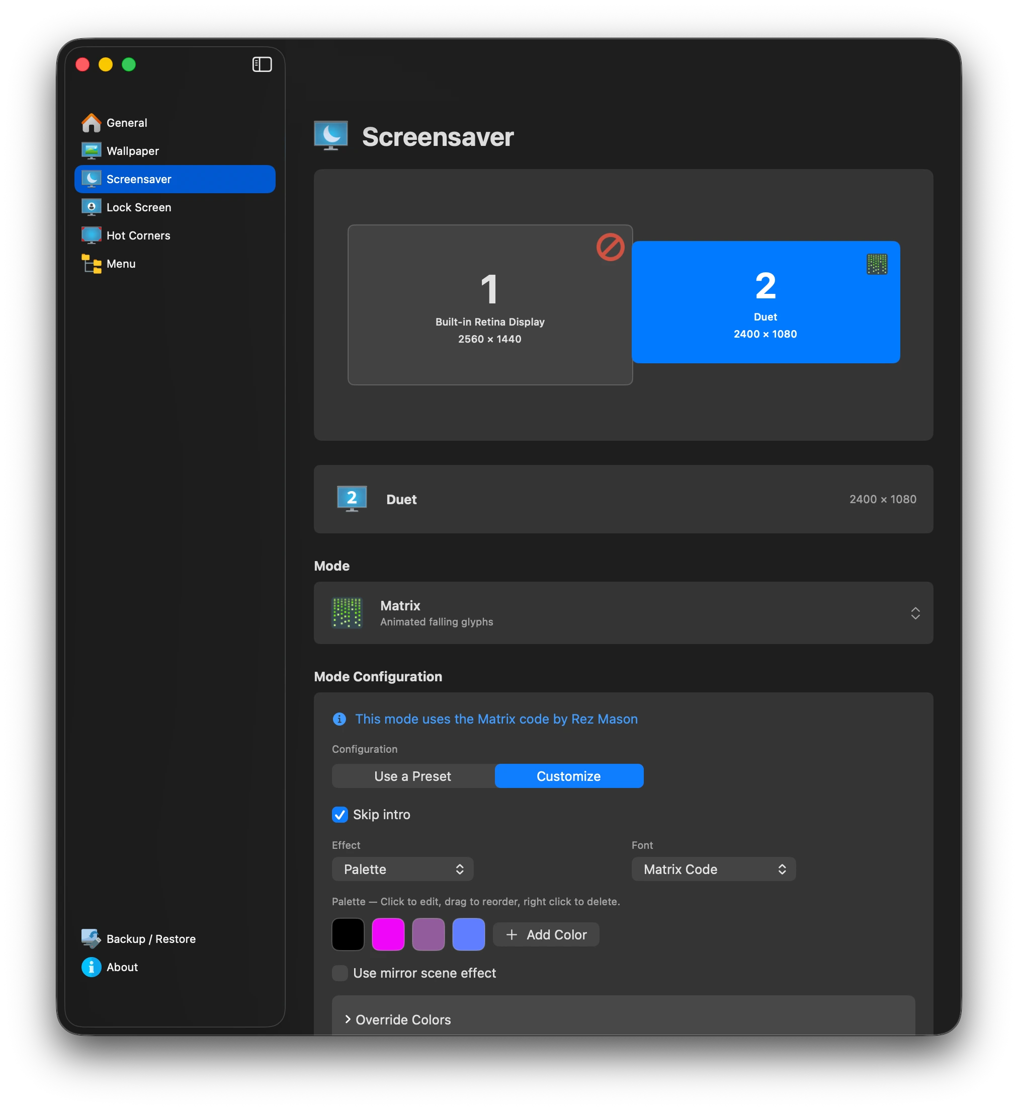 LumoTray screensaver settings on macOS