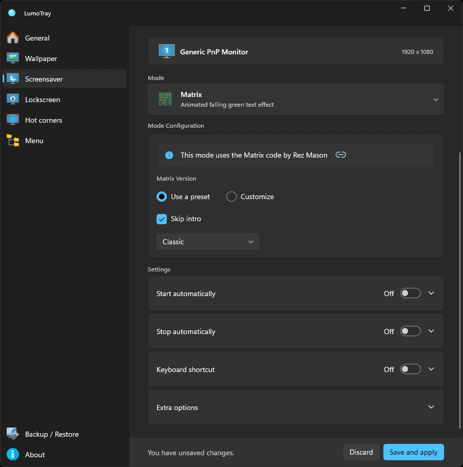 LumoTray screensaver settings on Windows