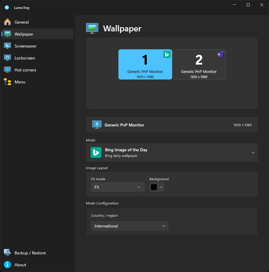 LumoTray wallpaper settings on Windows
