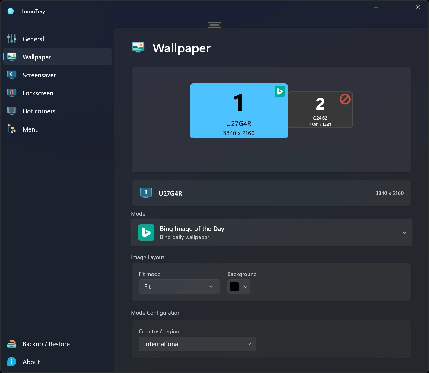 LumoTray wallpaper settings on Windows