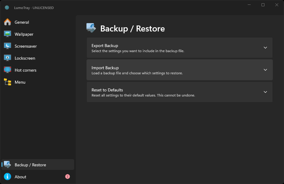 LumoTray backup page for saving and restoring wallpaper configurations.