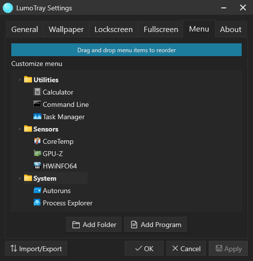 LumoTray Custom Menu