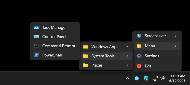 Example of a populated LumoTray modern-style tray menu with application and folder shortcuts.