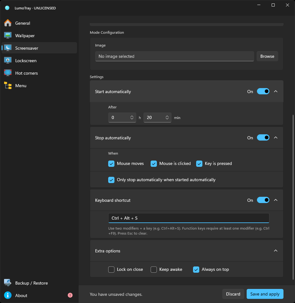 Screensaver configuration in LumoTray