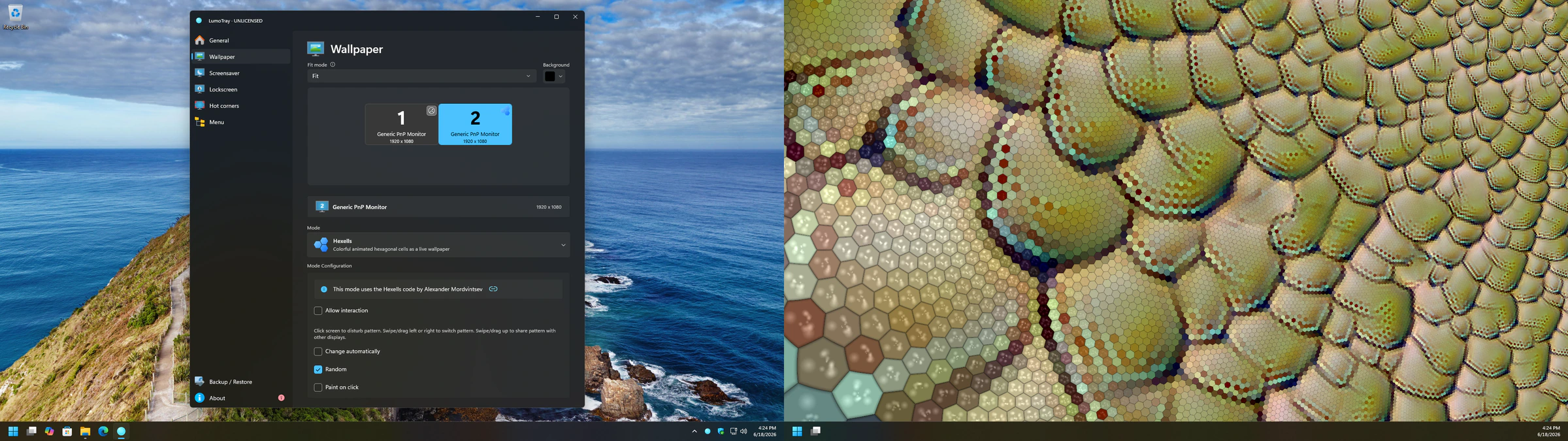 Per-monitor wallpaper configuration showing different modes for each display.
