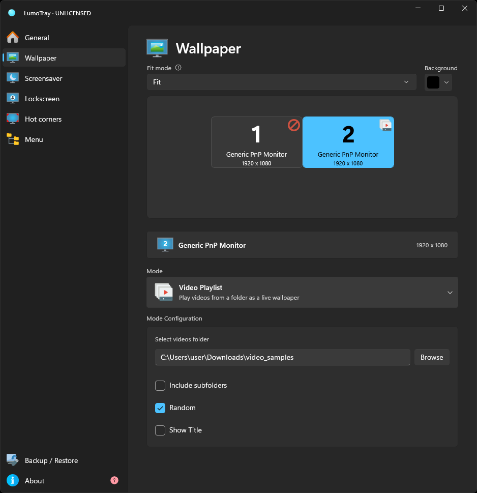 LumoTray video wallpaper settings page