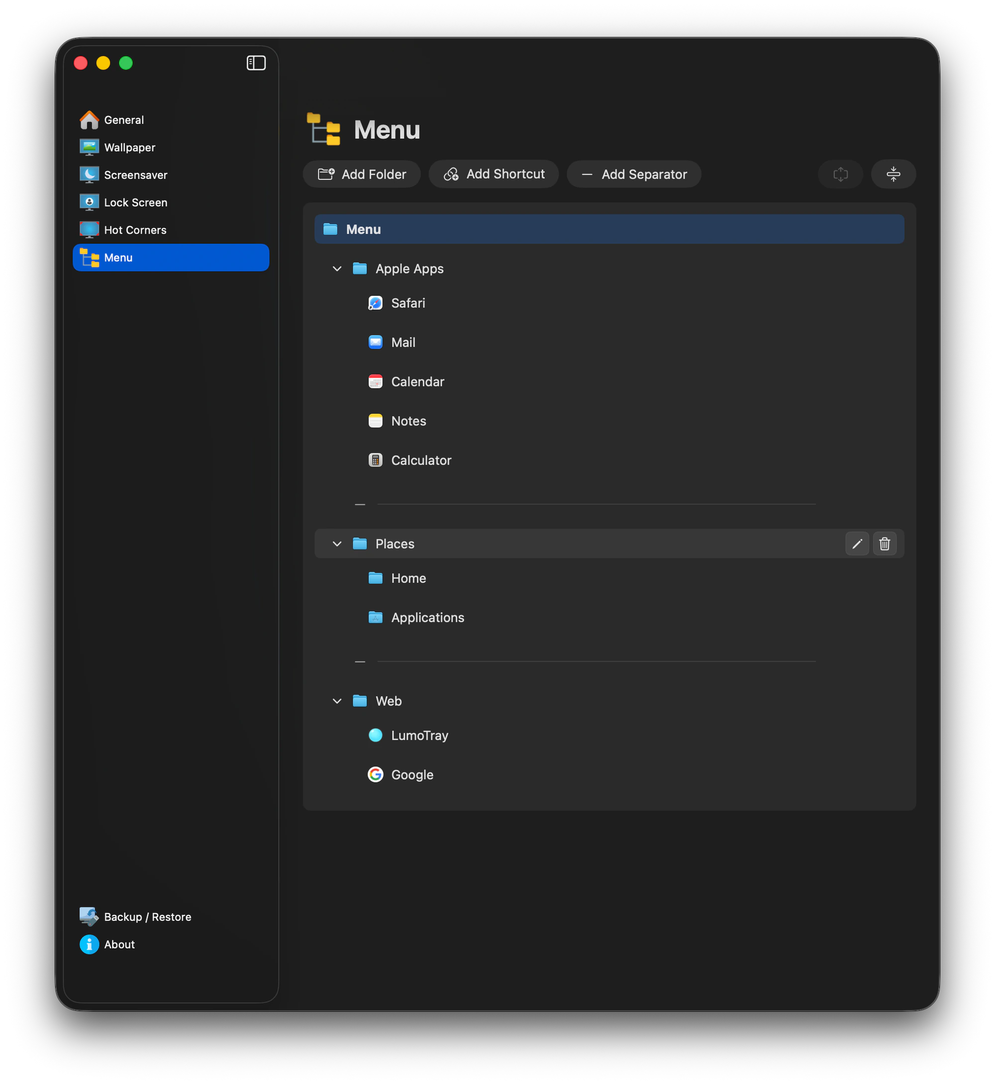 LumoTray for Mac custom menu editor with nested folders, application shortcuts, locations, and websites