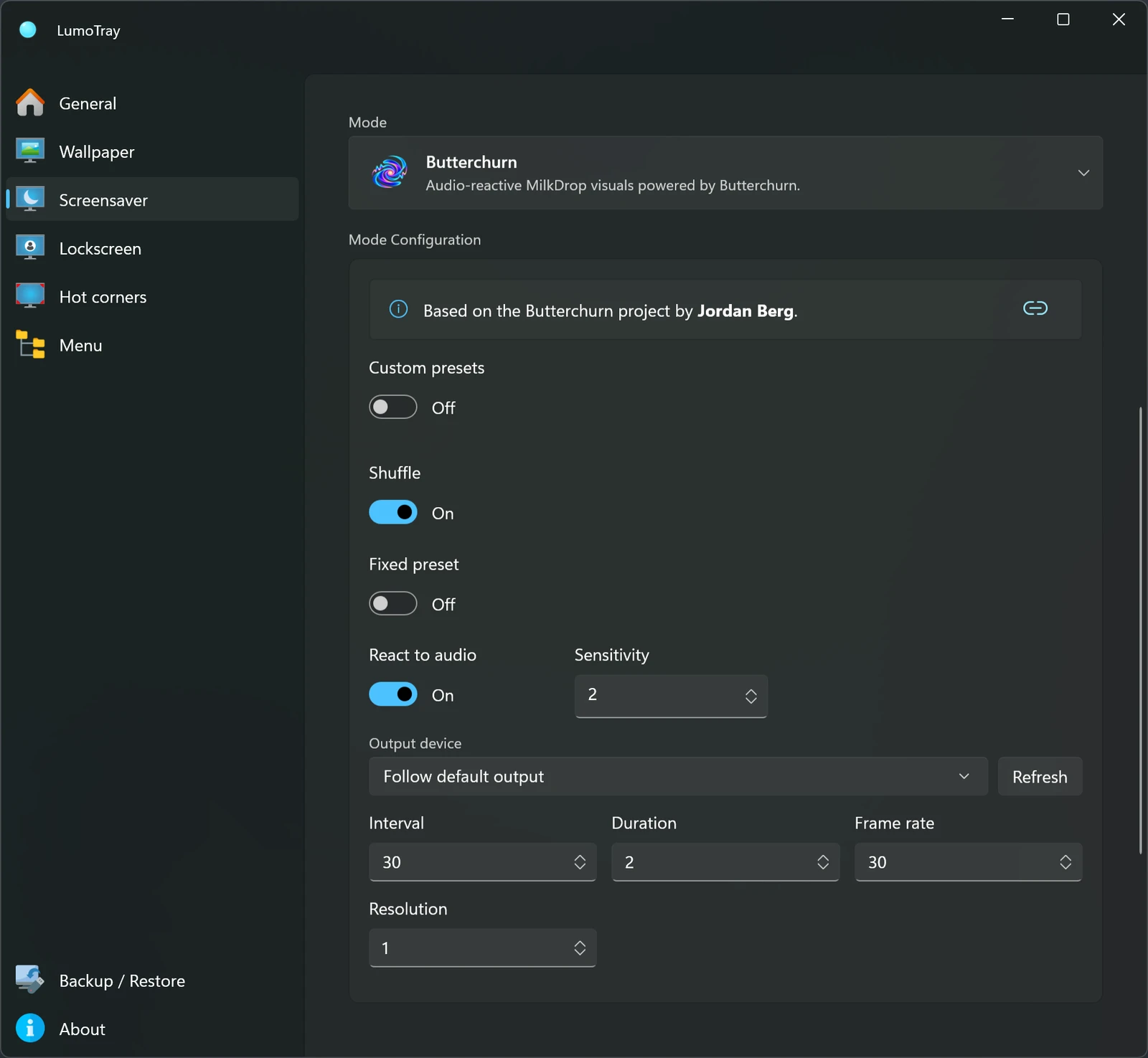 Butterchurn screensaver settings on Windows, including shuffle, fixed preset, audio output, sensitivity, and transition controls