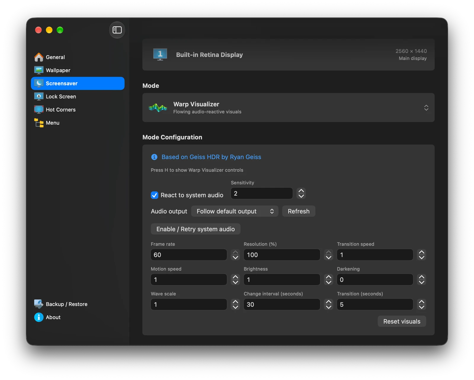 Warp Visualizer screensaver settings on Mac, with system-audio permission, output selection, and appearance controls